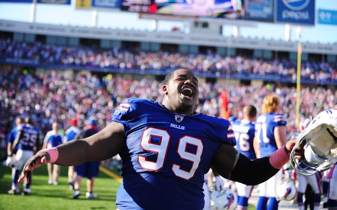 Buffalo Bills' Marcell Dareus celebrates the win against the Philadelphia Eagles after an NFL football game in Orchard Park, N.Y., Sunday, Oct. 9, 2011. The Bills won 31-24. (AP Photo/Gary Wiepert)