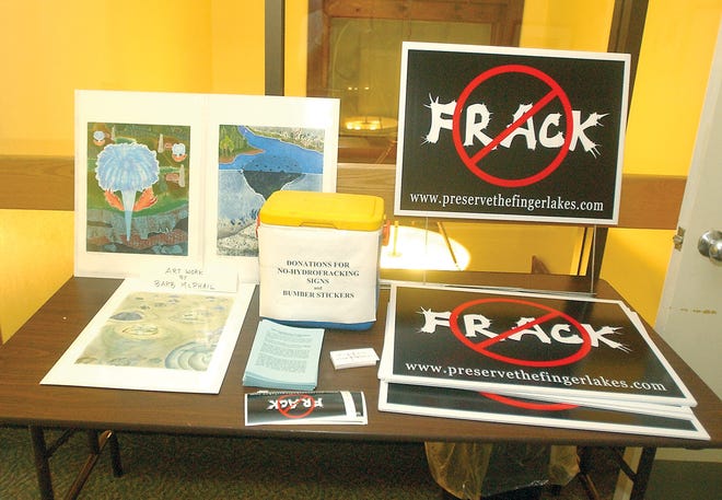 On a table outside the presentation room. Nationally recognized Cornell University researcher Anthony Ingraffea addresses the issue of hydrofracking. On Tuesday, October 19, 2010 at the Wood Library in Canandaigua. The Program was called The Marcellus Gas Shale Play: Information for an Informed Citizenry" - about natural gas drilling in New York state. Ingraffea covered the technology, development and effect of horizontal natural gas drilling and slick water hydrofracking in the Marcellus Shale.
