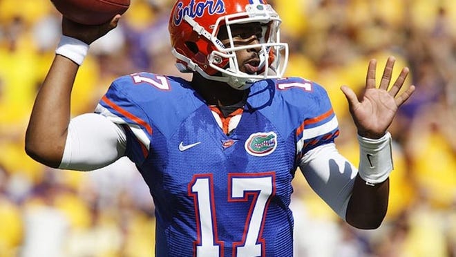 Florida quarterback Jacoby Brissett (17) throws a pass in the first half of an NCAA college football game against LSU in Baton Rouge, La., Saturday, Oct. 8, 2011. (AP Photo/Jonathan Bachman)