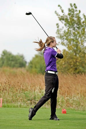 Lutheran High School's Bailey Peck tees off on the 17th hole Wednesday, Sept. 28, 2011, during the Big Northern Conference golf tournament at Timber Pointe Golf Course in Poplar Grove.