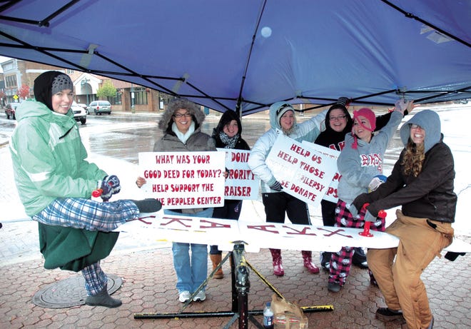 The sisters of Alpha Kappa Chi sorority at LSSU braved the elements this weekend, hosting their annual teeter-totter-a-thon at the corner of Ashmun and Spruce streets in Sault Ste. Marie. The group — including Victoria Constantini of Iron Mountain, Maewise Berliger of Sault Ste. Marie, Kristen Pop of Rochester, Erin Benson of Alpena, Ruby Harper and Katie Moran of Cheboygan, Chelsie Rees of Lansing — is raising money for the Diane Peppler Center and epilepsy.