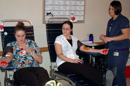 Katie Dumback and Melissa Strand, both of the Sault, answered the recent call for blood with a donation to the U.P. Regional Blood Center with the assistance of Michelle Roberts of Ishpeming. Blood donated to the center is distributed to 13 Upper Peninsula hospitals, including War Memorial Hospital in Sault Ste. Marie and Helen Newberry Joy Hospital in Newberry.