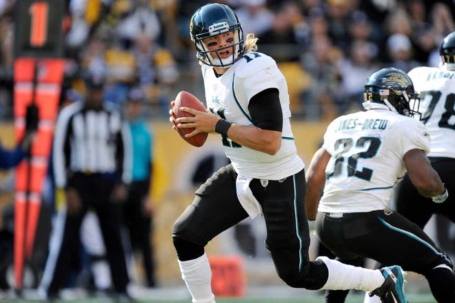 Jacksonville Jaguars quarterback Blaine Gabbert (11) rolls out to pass against the Pittsburgh Steelers during the fourth quarter of a football game Sunday, Oct. 16, 2011 in Pittsburgh. Pittsburgh won 17-13.(AP Photo/Don Wright)