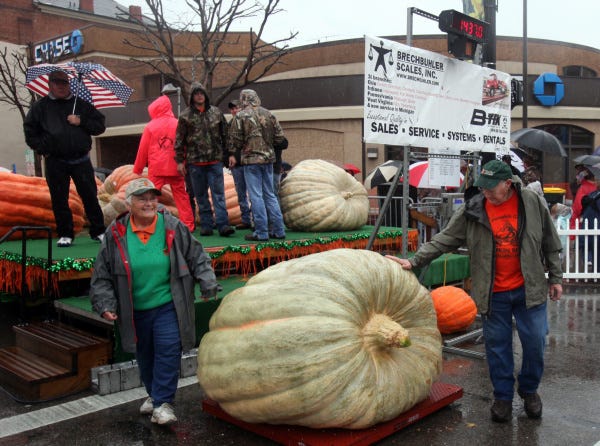 Jo Liggett, left, and her husband, Dr. Bob, right, won this year's Giant Pumpkin Weigh-In with their entry, weighing 1,436.5 pounds. Yesterday's victory was the Liggetts' 10th at the Circleville Pumpkin Show.