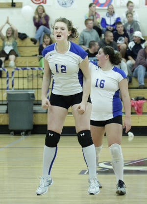 Ashland's rebecca Davis (12) celebrates after the final point of the Clockers' 3-0 sweep of Westwood.