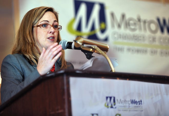 April Anderson Lamoureux, assistant secretary for economic development, speaks to the MetroWest Chamber of Commerce about the state's economic development goals.
