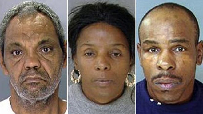 Eddie Wright (from left), Linda Ann Weston and Thomas Gregory were charged after the discovery of four malnourished mentally disabled adults chained to a boiler in a Philadelphia basement.