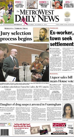 The front page of the 10/25/11 MetroWest Daily News.