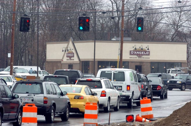 Traffic backs up at the redesigned intersection of Route 27, Pleasant and West streets in Brockton earlier this year. The intersection will be the subject of a Traffic Commission meeting Thursday.