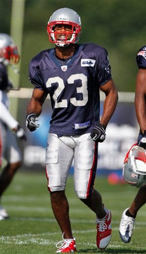 FILE - In this July 30, 2010 file photo, New England Patriots cornerback Leigh Bodden runs a drill during an NFL football training camp at the team's facility in Foxborough, Mass. Bodden was released from the team Friday, Oct. 28, 2011, after playing in five of the first six games this season with one start, collecting 16 total tackles. (AP Photo/Steven Senne, File)