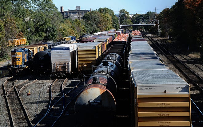 View of trains from the Fountain St. bridge in Framingham.