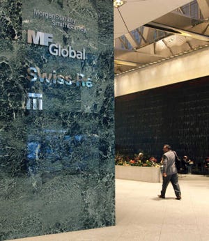 A sign lists MF Global among the tenants at a New York office
building.