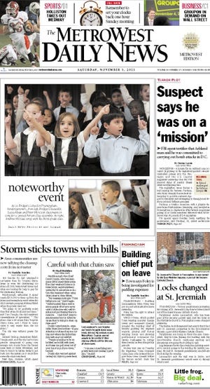 The front page of the 11/5/11 MetroWest Daily News.