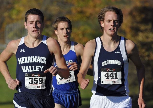 Whaley/Citizen photo
Running side by side are Merrimack Valley's Colton Ham, left, Oyster River's Jack Collopy and St. Thomas's Thomas O'Leary during the Meet of Champions boys cross country championship Saturday in Nashua.