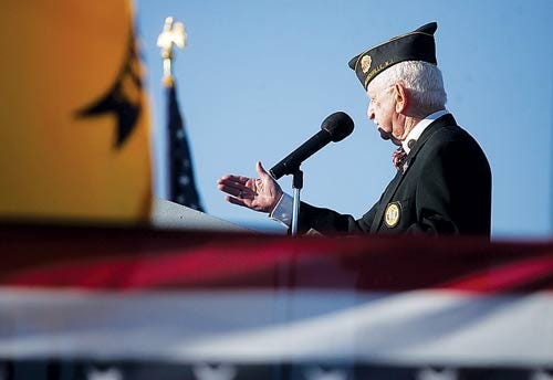Photo by Daniel Freel/New Jersey Herald 
U.S. Army veteran William Berliner speaks about POWs and MIAs.