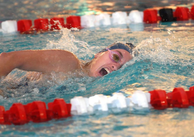 Ledyard's Jessica Hespeler competes in the 500-yard freestyle during the ECC girls swim championship at UConn-Avery Point in Groton Saturday, November 5, 2011. Hespeler beat the meet record by eight seconds, which she set in 2009.