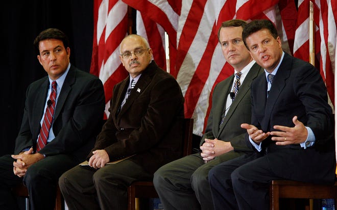 From left, Sen. Richard Tisei, Richard Purcell, Lt. Governor Tim Murray and Rep. Paul Loscocco during a forum for the candidates for lieutenant governor at Curry College in Milton on Monday, Sept. 27, 2010. At left is Lt. Gov. Tim Murray.