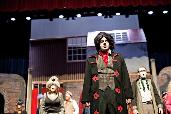 Chad Miller is shown as Sweeney Todd during dress rehearsals for CharACTers Entertainment's production of “Sweeney Todd: The Demon Barber of Fleet Street,” which runs this weekend and next at Wallace Hall Fine Arts Center. (BROOKE BIKNERIS | SPECIAL TO THE TIMES)