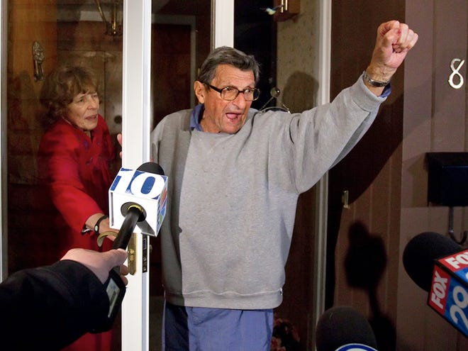 Penn State coach Joe Paterno and his wife Sue on the front porch of their house, address students. The students yelled "We Are Penn State" and Paterno responded, "Yes we are!" Penn State University Board of Trustees announced the resignation of president Graham Spanier and firing of football coach Joe Paterno Wednesday.