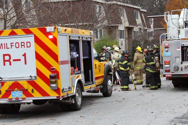 Firefighters from Milford, Hopedale and Hopkinton put out a fire at 18 Colonial Road in Milford yesterday.