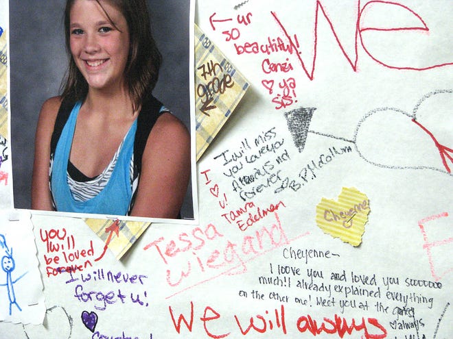 Eureka Middle School students plastered a bulletin board with photographs and messages in memory of Cheyenne Burwell on Thursday. The eighth-grader was found dead of a gunshot wound early Wednesday during a house fire in Eureka. Her uncle, Troy Burwell, 39, with whom she lived, also was found shot to death at the 912 Lake Road home.