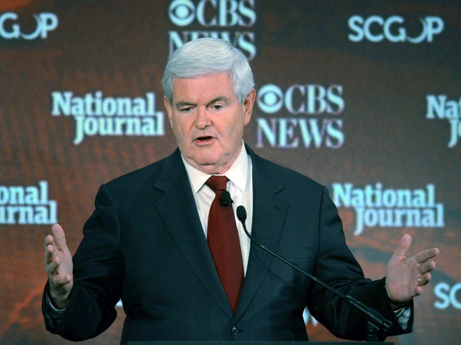In this Nov. 12, 2011, photo, Republican presidential candidate former House Speaker Newt Gingrich, speaks at a debate in Spartanburg, S.C. (AP Photo/Richard Shiro)