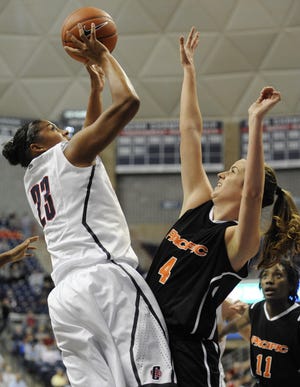 UConn’s Kaleena Mosqueda-Lewis, left, goes up for a shot Tuesday as Pacific’s Kendall Rodriguez defends during the first half in Storrs.
