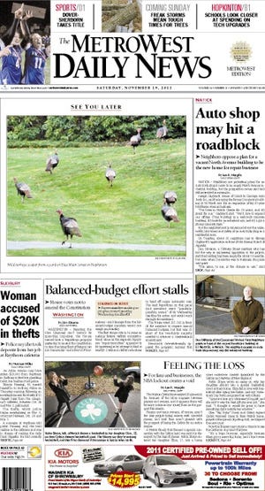 The front page of the 11/19/11 MetroWest Daily News.