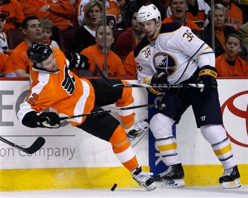 Philadelphia Flyers' Ville Leino, left, of Finland, is knocked down by Buffalo Sabres' Patrick Kaleta in the first period of Game 1 of a first-round NHL hockey playoff series, Thursday, April 14, 2011, in Philadelphia. (AP Photo/Matt Slocum)
