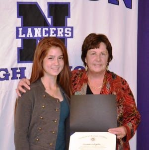 Norton High School Senior Elizabeth A. LaVerghetta, left, was recently awarded an Academic Excellence Award by School Superintendent Patricia Ansay.