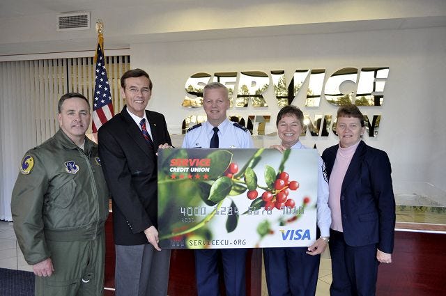 Courtesy photo
Pictured left to right are Colonel Peter F. Sullivan, Jr., Vice Wing Commander of the 157th Air Refueling Wing, Pease Air National Guard Base; Service Credit Union President/CEO Gordon Simmons; Colonel Paul "Hutch" Hutchinson, the Commander 157th Air Refueling Wing; Chief Master Sergeant Brenda M. Blonigen, the Command Chief for the 157th Air Refueling Wing, Pease Air National Guard Base and Bonnie Rice, 157th Air Refueling Wing Family Program Coordinator.