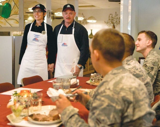 U.S. Rep. Gabrielle Giffords, D-Ariz., and her husband, retired
Navy Capt. and astronaut Mark Kelly, were on the serving line the
Thanksgiving meal at Davis-Monthan Air Force Base and afterward
visited with the military personnel.