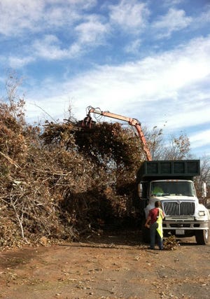 BLACK FRIDAY DEPOSITS — A growing pile of broken tree limbs and other storm debris dwarfs a truck and driver yesterday at a drop-off location across from Doyle Field in Leominster. The city’s Department of Public Works is operating the pile, and truckers are arriving from all over the country. The pile will be chipped up before being disposed of.