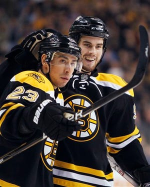 Chris Kelly (23) celebrates his second goal of the second period with Adam McQuaid during the Bruins' 4-2 win over the Winnipeg Jets on Saturday night at the Garden.