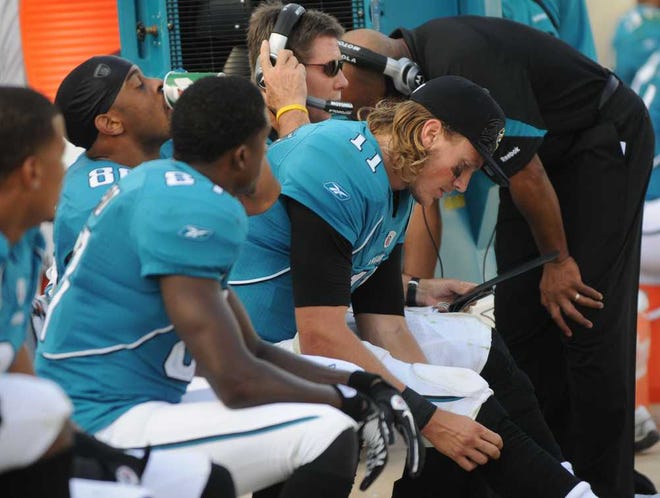 Bob.Mack@jacksonville.com Blaine Gabbert sits on the bench after his last sequence in the fourth quarter before being replaced by Luke McCown.