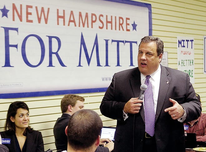 AP Photo/Jim Cole  
 In this Nov. 9 photo, Gov. Chris Christie, R-N.J., campaigns for Republican presidential candidate, former Massachusetts Gov. Mitt Romney in Manchester, N.H. When they can't be in New Hampshire, Iowa and other early voting states, presidential hopefuls traditionally have sent others in their stead. But this campaign season, surrogates such as Christie have been scarce, in large part because the field of candidates was so slow to develop. Christie, for example, didn't think of jumping in until October.