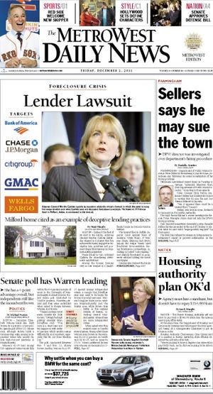 The front page of the 12/2/11 MetroWest Daily News.