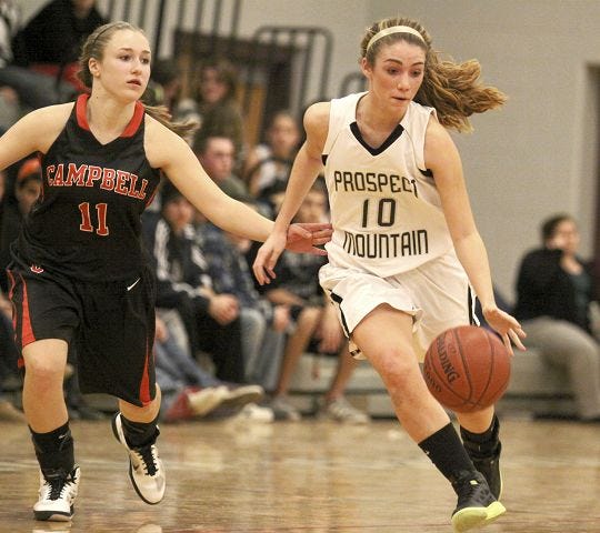 Randy Booth/Laconia Citizen photo
Prospect Mountain's Ella Montminy, right, dribbles the ball against Campbell during Division III action Friday in Alton.