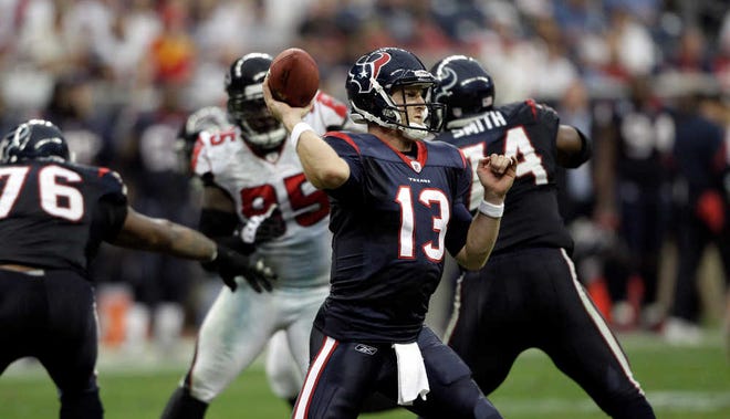 Houston Texans quarterback T.J. Yates (13) throws a pass against the Atlanta Falcons during Sunday's game in Houston.