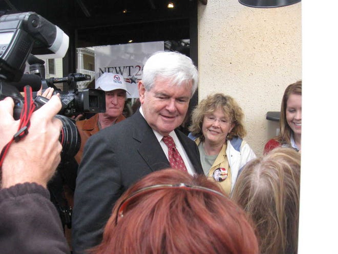 Frank Morris/Bluffton TodayFormer U.S. House Speaker Newt Gingrich arrives this afternoon at his Beaufort County campaign headquarters on Promenade Street for the state Republican Party's Jan. 21, 2012, presidential primary.