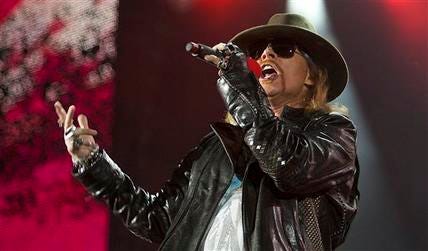 In this Dec. 16, 2010 file photo, Axl Rose, lead singer of the rock band, "Guns N' Roses," performs during a concert on the Yas Island in Abu Dhabi, United Arab Emirates. The group was nominated for induction into the Rock and Roll Hall of Fame.