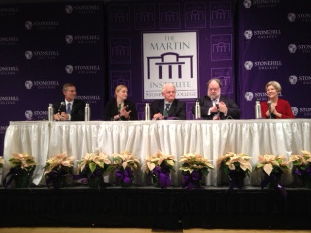 The five candidates for the Democratic nomination to challenge Republican incumbent Scott Brown participated in a public forum on Tuesday, Dec. 6, 2011, at Stonehill College in Easton.
