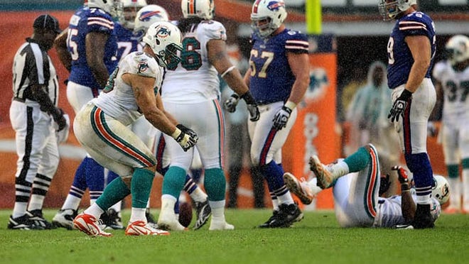 Jared Odrick does a Pee Wee Herman-style dance after recording a sack against Buffalo on Nov. 20, 2011.