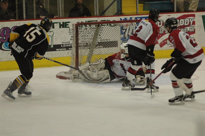 Derek Diaz of the Soo Eagles puts a shot on net during Wednesday night’s NOJHL?game against the Blind River Beavers. Diaz had three goals and an assist in the Eagles’ 9-2 win at Pullar Stadium.