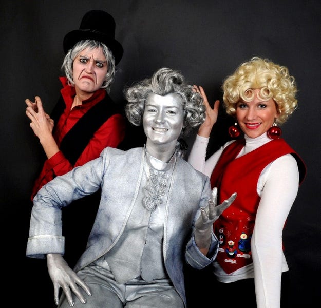 Of the actors in the upcoming show ‘Change,’ these three are among the most colorful, or monochrome in one case. They are, from left, Katie Ord, who plays Von Villain; Kimberly Smith, who plays Change; and her sister Robin Smith, who portrays Clair. The three will perform at the Sherman Theater at 4 p.m. next Sunday.