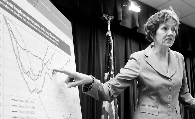 In this Jan. 10 photo, Texas Comptroller Susan Combs points to a graph during a news conference after she released the 2012-13 Biennial Revenue Estimate in Austin. Texas lawmakers will almost certainly have to tap the Rainy Day Fund to balance the budget in 2013, but by how much depends largely on the global economy and policy decisions made in Washington, Combs told The Associated Press.