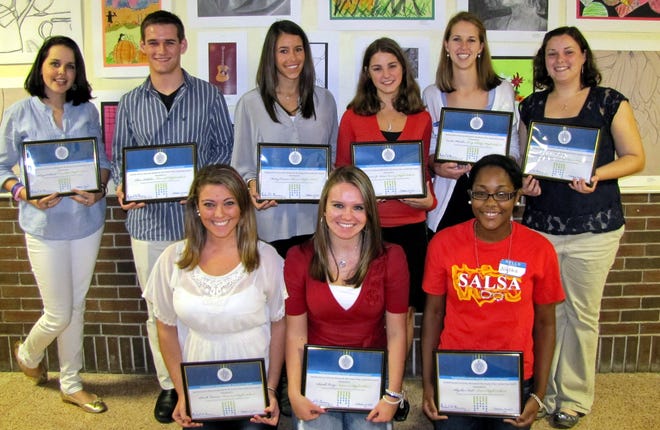 Nine of the 10 winners of the first Norfolk County Peer Leadership Awards attended the Peer Leadership Conference held recently by Norfolk District Attorney Michael W. Morrissey. From top left, Abigail Plesh of Franklin, Chris Kelleher of Norwood, Haley Cremer of Sharon, Donna Niosi of Quincy, Cecelia Phaehn of King Philip Regional, and Kaitlyn Shannon of Foxborough Regional Charter School. Bottom from left are Sarah Lussier and Sarah Long of Norwood and Alysha Noel of Avon. (Not pictured is Colin Stanley of Milton High School.) The Peer Leadership Conference welcomed 125 students and advisors from 11 Norfolk County high schools this year to the Savage Education Center in Norwood on Oct. 13. In addition to the award ceremony, students participated in their choice of eight workshops on topics like teen dating violence, substance abuse prevention, suicide prevention, distracted driving and building healthier learning environments.