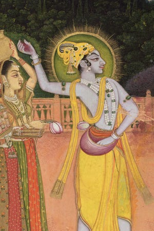 Krishna Celebrates Holi with Radha and the Gopis
Attributed to: Nihal Chand (Indian, active in Kishangarh in the mid18th century)
Indian, Rajasthani, about 1750-60
Opaque watercolor and gold on paper
Museum of Fine Arts, Boston. Keith McLeod Fund
Photograph c Museum of Fine Arts, Boston