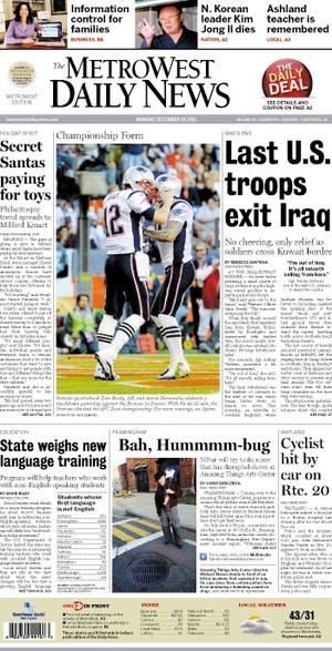The front page of the 12/19/11 MetroWest Daily News