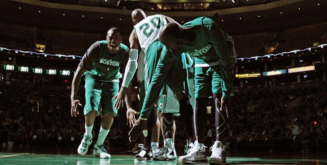 The Celtics' Paul Pierce, left, is have some difficulty with a nagging heel issue and could miss Sunday's opener. The rest of the Big 
3, Kevin Garnett, right, and Ray Allen, appeared ready to go.